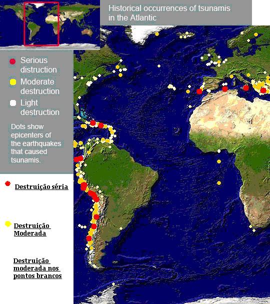 Se tsunami atingisse o Brasil. Vídeo imagem ilha vulcão Locais de ocorrências de Tsunamis na área do Oceano Atlântico. Em vermelho houve séria destruição, em amarelo destruição moderada e em branco pequena destruição. fonte: geografiadovale.blogspot.com