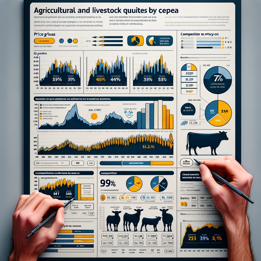 Gráfico e a tabela de resumo de cotações agrícolas e pecuárias