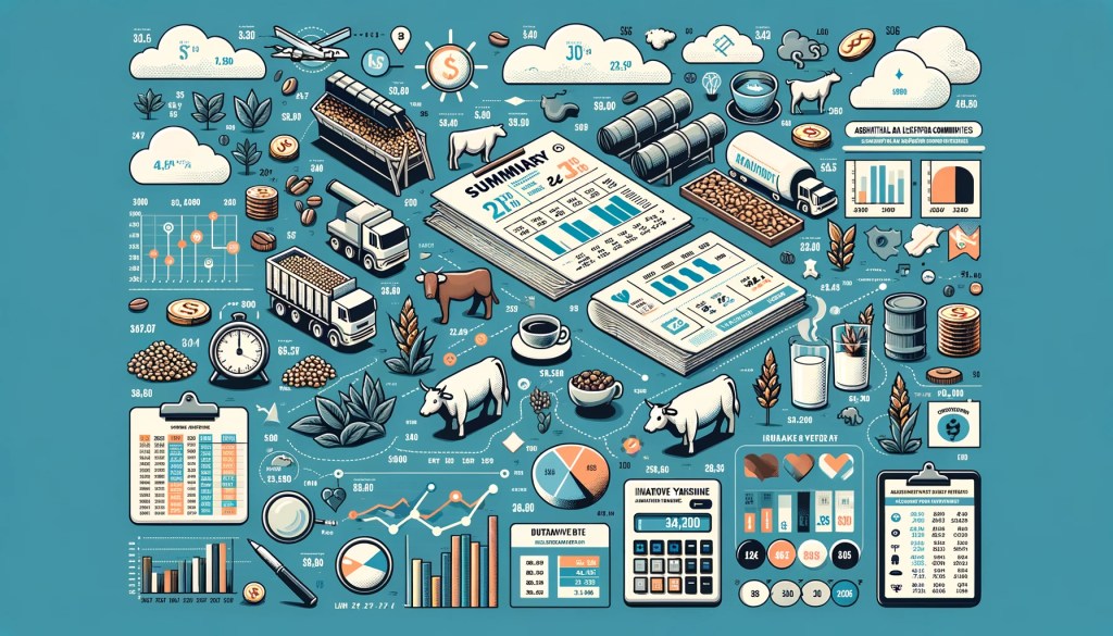 Gráfico e a tabela de resumo de cotações agrícolas e pecuárias
