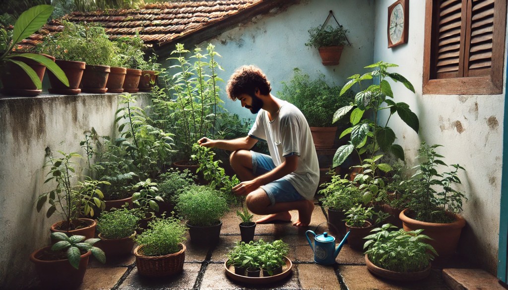 Uma pessoa cuidando de uma horta caseira de temperos em uma varanda ou quintal