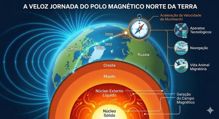 A misteriosa e veloz jornada do Polo Magnético Norte