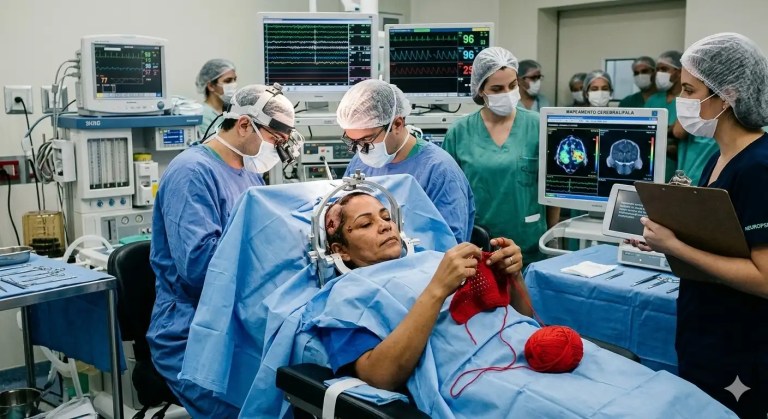 A precisão da cirurgia cerebral acordada aliada ao crochê