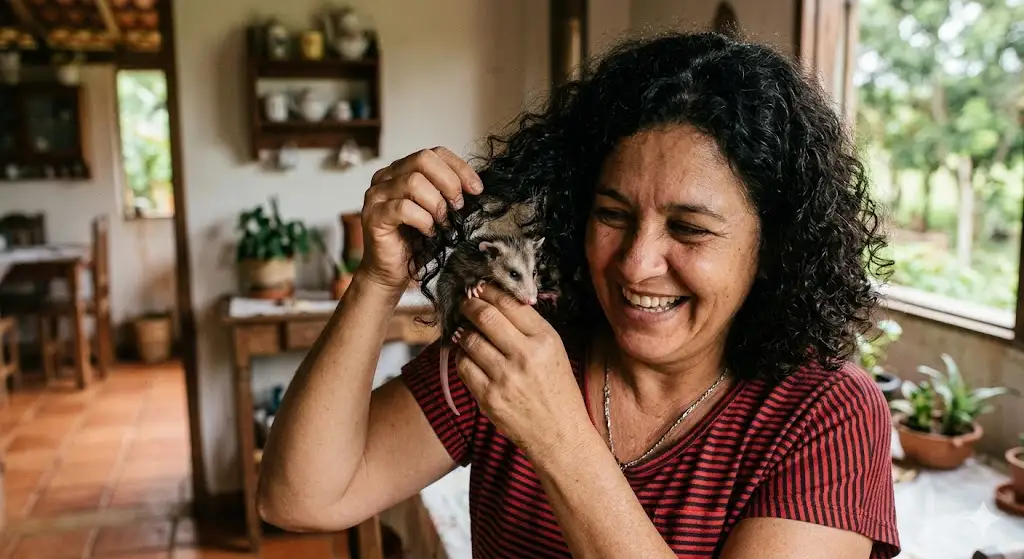 Mulher surpreende ao esconder filhote de gambá nos cabelos