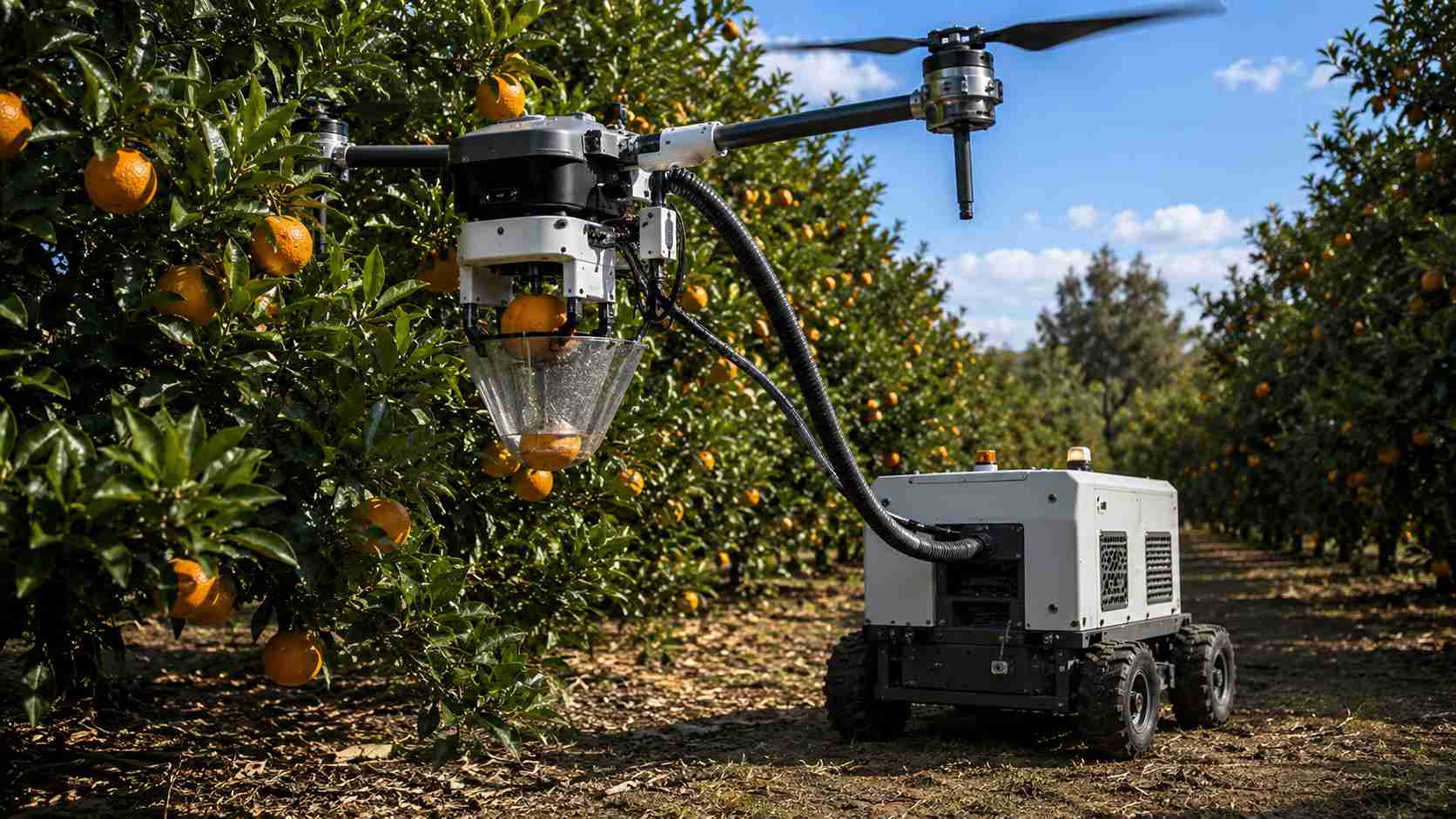 Robôs aerobóticos que colhem laranjas já estão em testes no Brasil e prometem alta produtividade com câmeras, sensores e sucção para escolher os frutos mais maduros