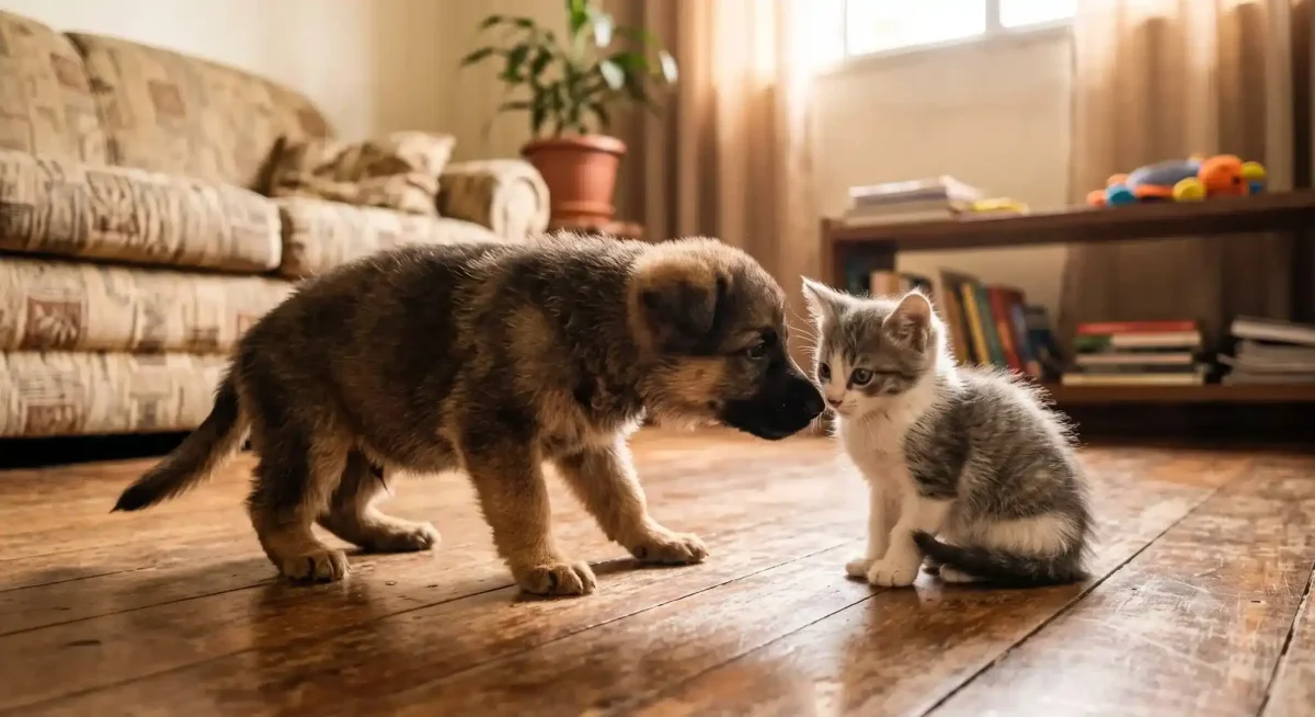 A incrível reação do filhote de cão e gato no treino