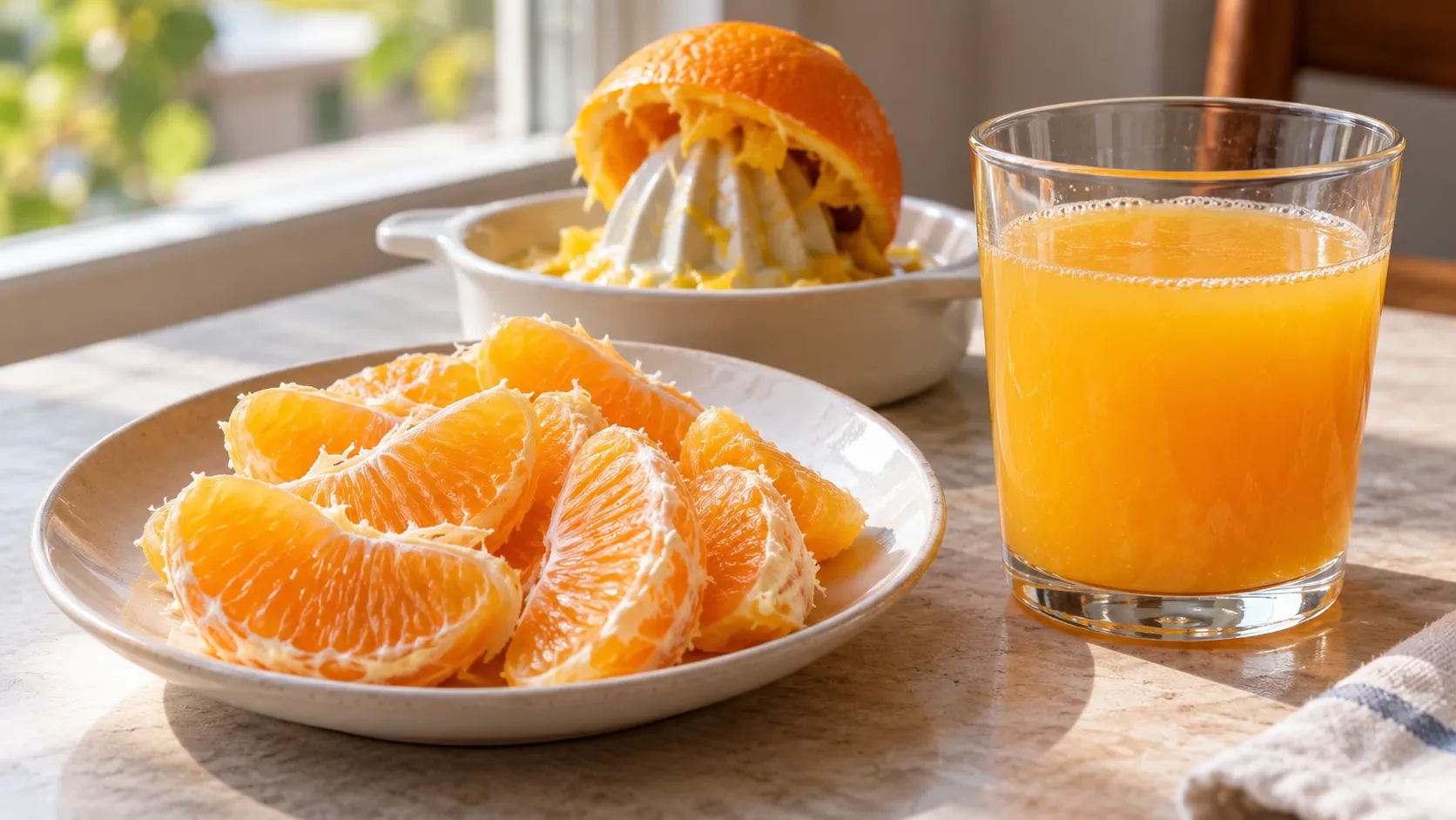 Laranja no prato ou espremida no copo? 5 dicas sobre como a forma de consumir muda as fibras e pode fazer diferença na saciedade do café da manhã