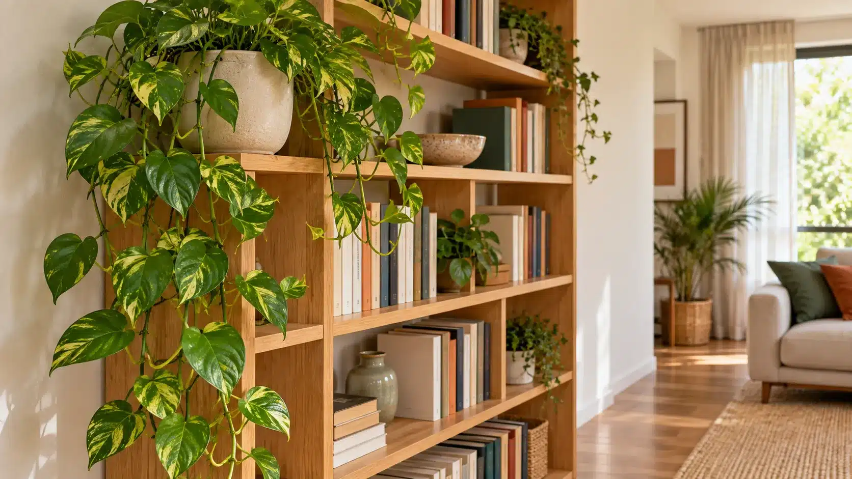 Ramos de jiboia descendo pela estante: 5 maneiras de combinar a planta com o feng shui sem esconder livros nem bloquear a passagem