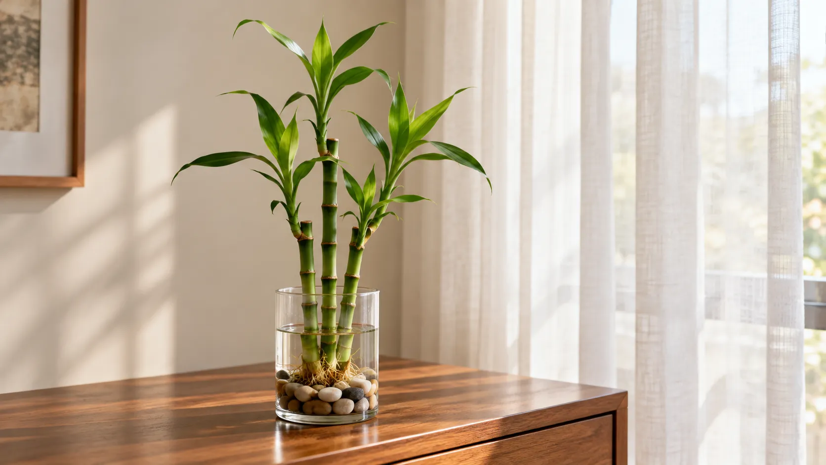 Um pequeno vaso de bambu-da-sorte pode ganhar destaque na casa: entenda o significado das hastes no feng shui e como escolher o lugar